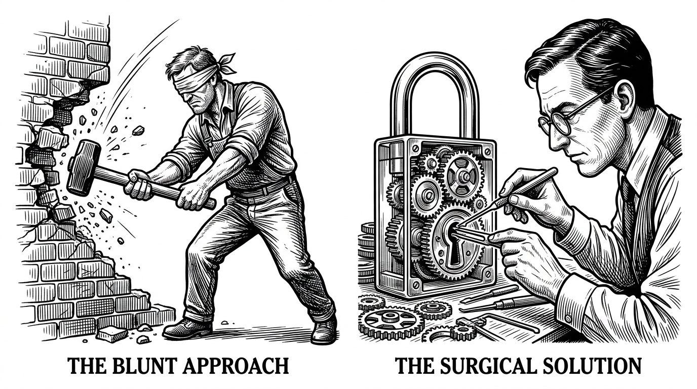 A split composition showing a blindfolded figure swinging a sledgehammer at a wall on the left, and a focused locksmith picking a complex glass lock on the right. This visualizes Maki's precise AST parsing versus blind bash execution.