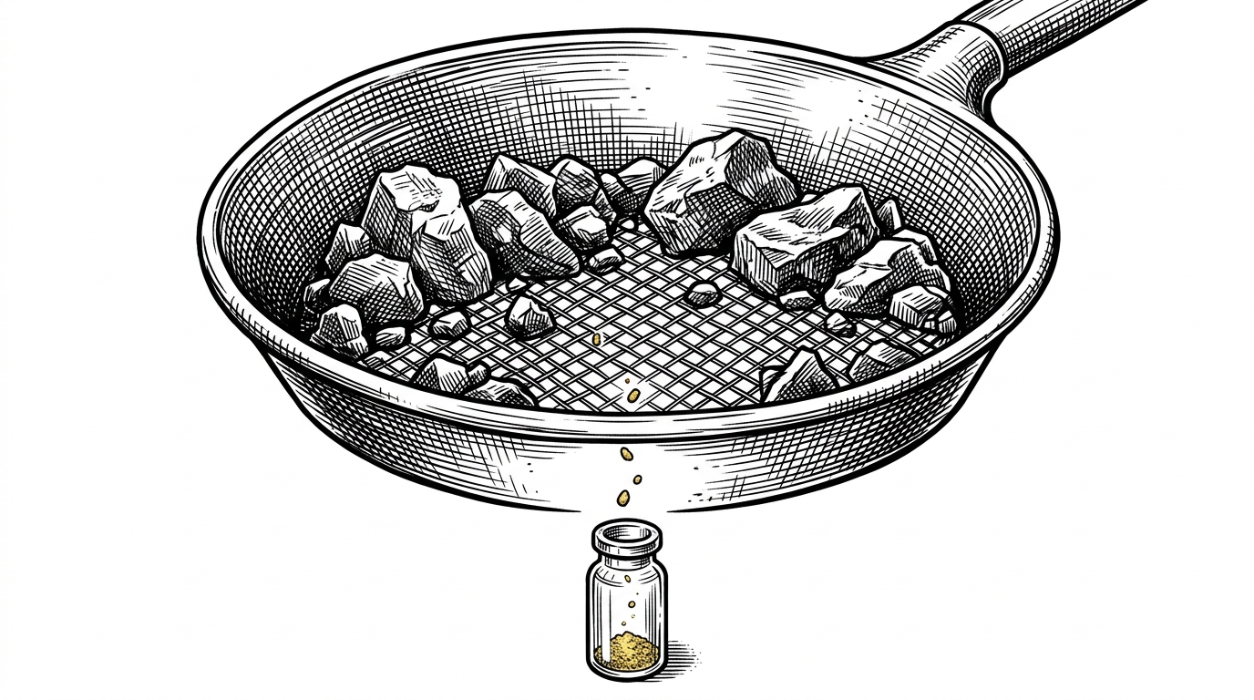 A close-up of an industrial prospector's pan filtering rocks. Large rocks are caught in the mesh, representing boilerplate code, while a few specks of gold dust fall into a vial, representing the exact line numbers returned by the python sandbox.
