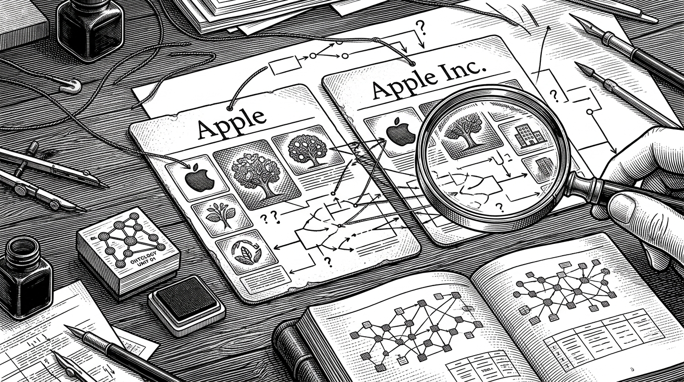 Two nearly identical concept cards sit on a workbench, one labeled Apple and the other Apple Inc. Thin inked threads, annotations, and a small ontology stamp show how the system decides whether to merge the concepts, relate them, or keep them separate. The image explains why identity grounding matters when data is ambiguous.