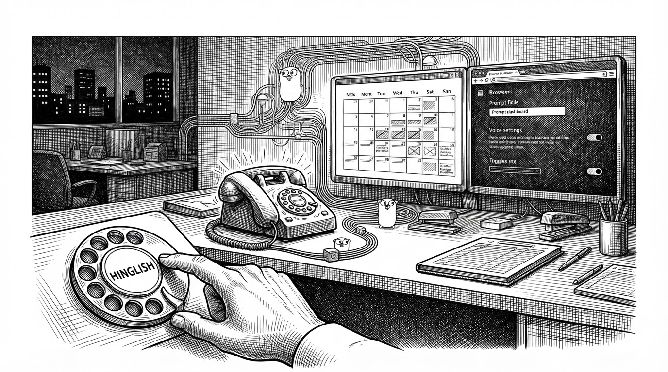 A wide black-ink editorial scene of an Indian office reception desk at night. A ringing phone connects into a visible telephony line, while a control surface behind it combines a calendar grid and a browser dashboard with voice settings. The image explains that this project is not a demo chatbot, but an operating stack for phone workflows.