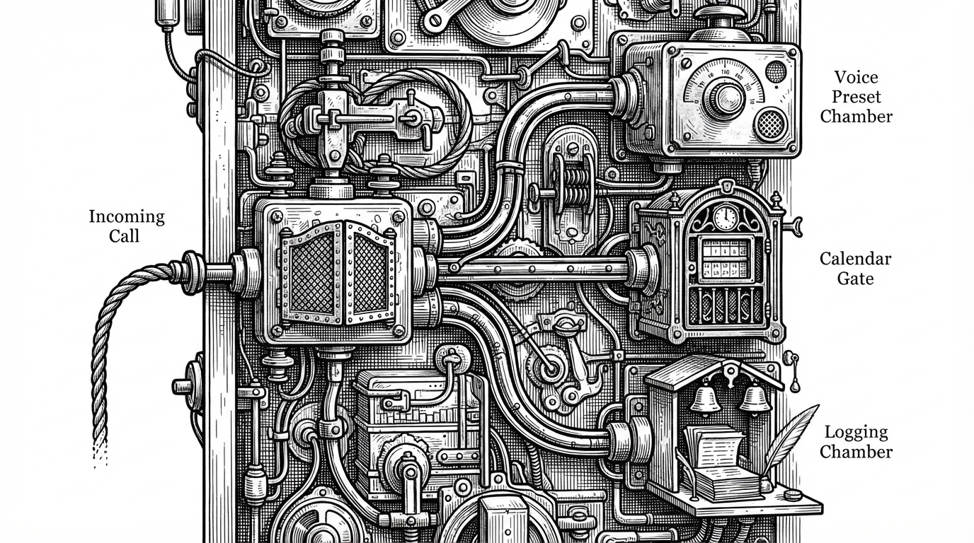 A close-up black-ink diagram of a call-routing switchboard. One phone line enters from the left and branches into three guarded paths: language preset, calendar check, and logging plus notifications. A small firewall-like gate sits in front of the fallback path. The image explains that the system is built to adapt the call path, not just respond to speech.