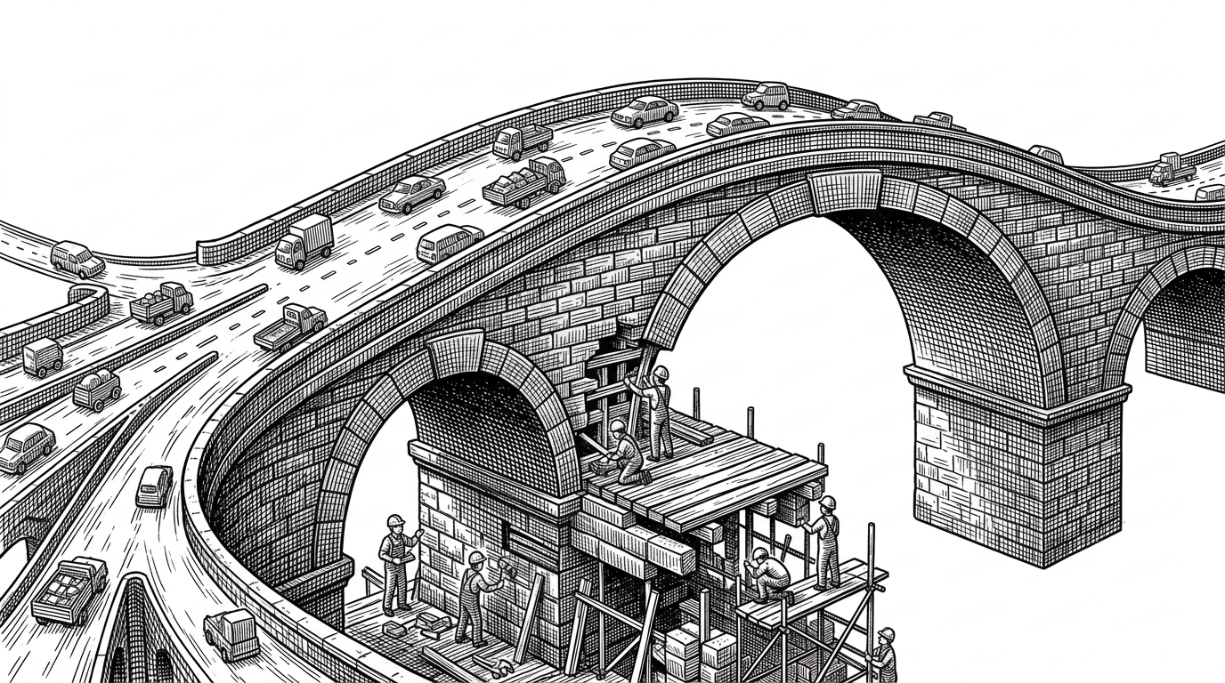 A vast stone bridge spans a river while new masonry is being replaced underneath it, yet traffic continues across the top without interruption. The image explains Linux’s core contract: internal change is allowed, but the outside world keeps moving on a stable path.
