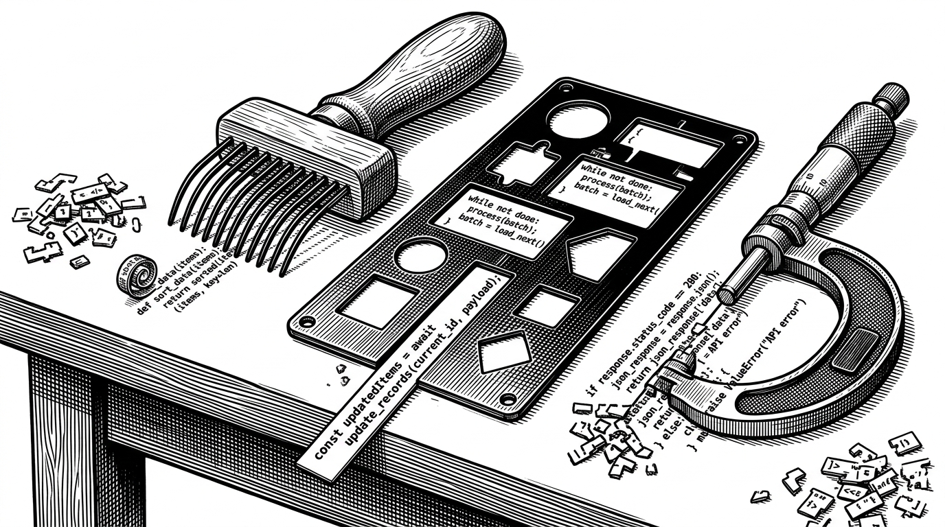 A close-up craftsman’s bench holds three tools: a formatting comb, a semantic stencil, and a precision gauge, each aligned beside a strip of code fragments. The scene explains how Linux uses different tools for style, structure, and mass refactoring rather than relying on one generic formatter.