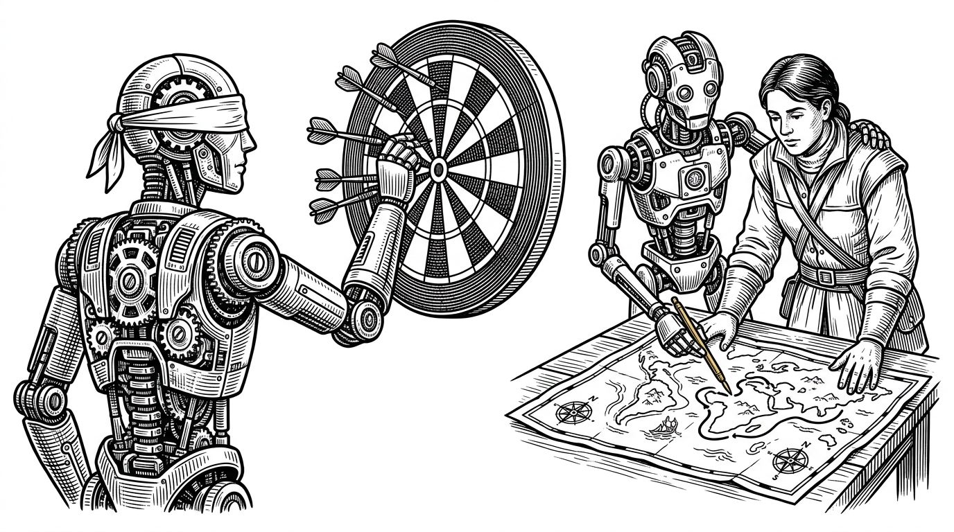 A split image showing a blindfolded automaton throwing darts on the left, and a mechanical assistant navigating a map with a human on the right.