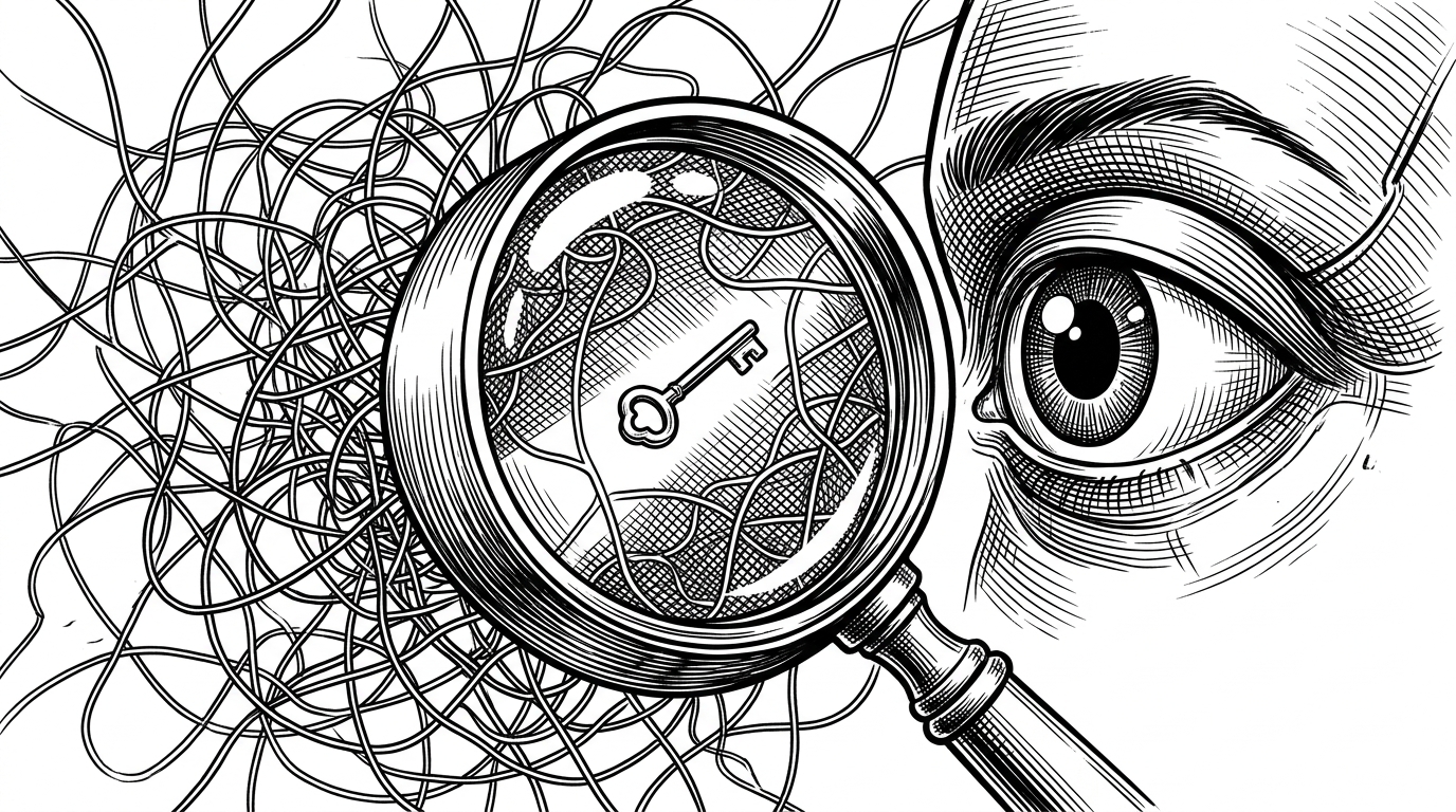 A mechanical eye gazing through a magnifying glass at a tangled web of threads, illuminating a single geometric path.