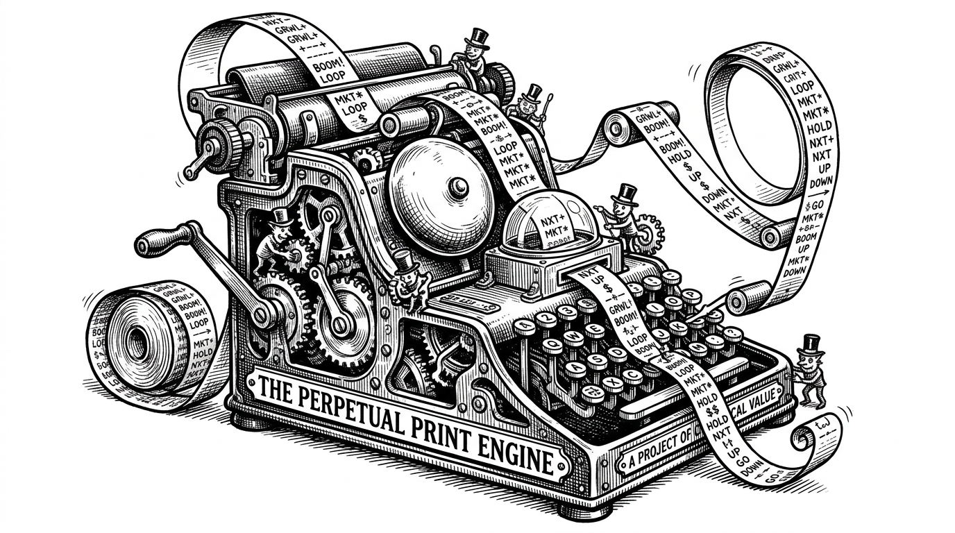 A vintage stock ticker machine where the paper tape loops directly back into its own typewriter keys.