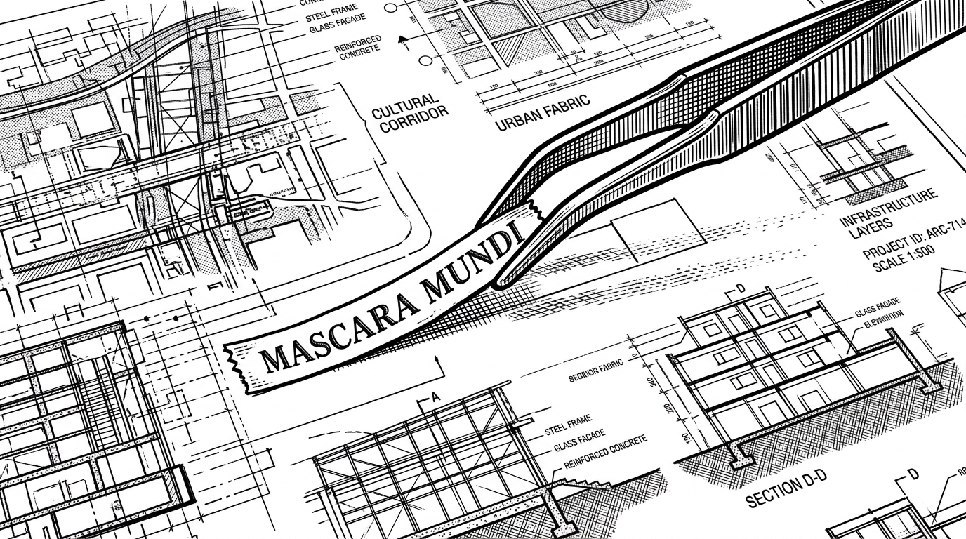 Drafting tweezers extracting a single line of text from a complex architectural blueprint.
