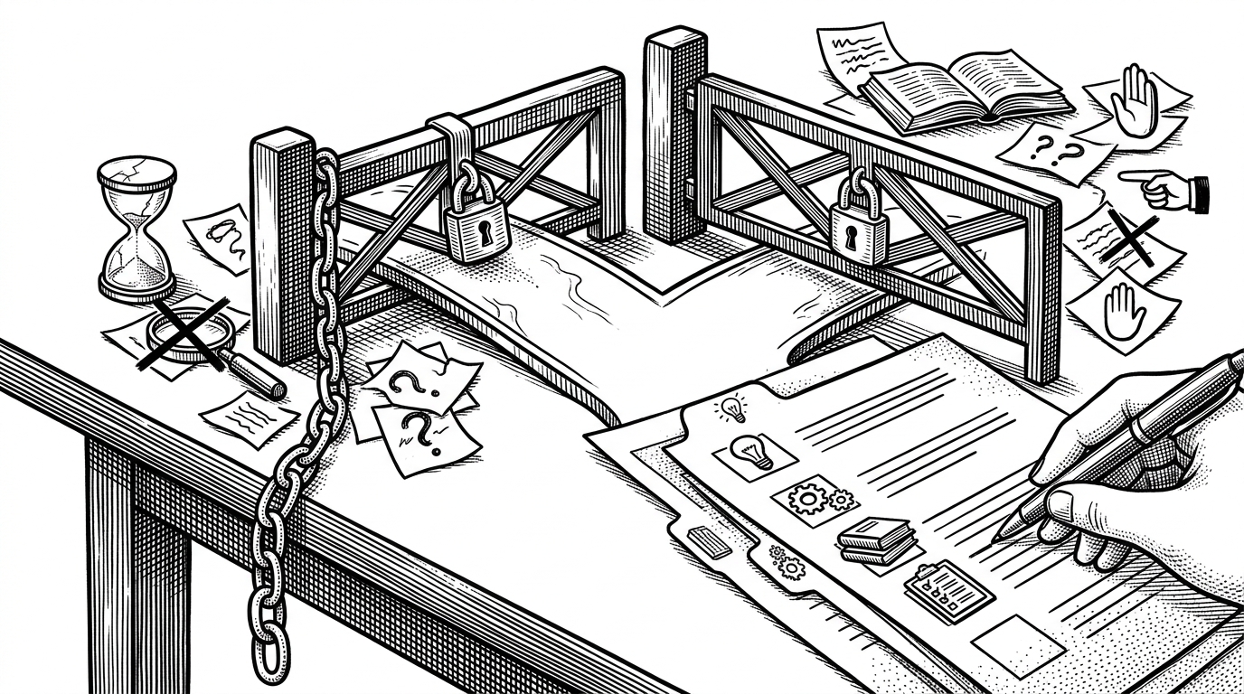 A close-up editorial scene of a branching decision path. One path follows a checklist labeled expert method, while another path labeled lazy assumption is blocked by a barrier. It explains how the repo forces the agent to slow down and reject shortcuts before concluding anything.