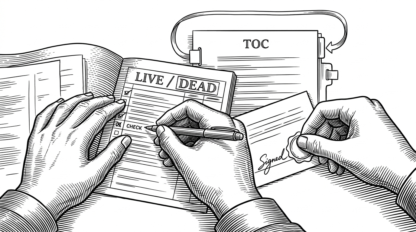A close-up of hands checking a live and dead link ledger while attaching a signed seal to a commit note. A table of contents card loops back on itself like a paper circuit, showing that curation and governance are part of the repo’s design.