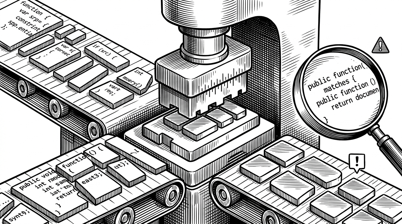 A close-up mechanism translates different language snippets into shared structural blocks. On the left, several distinct code fragments are broken into parts. In the center, a stamping press normalizes them into the same token vocabulary. On the right, one query matches across all of them and marks an undocumented public function. It explains how KGF turns polyglot source into one searchable structure.