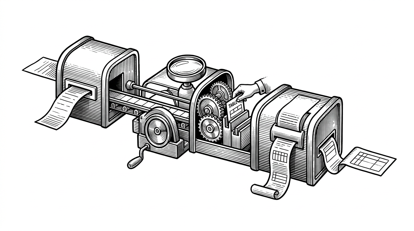 A close-up machine with three branching chambers turns a query into one of three routes: fast path, introspection, or mutation. A ledger at the end stamps each action into a JSONL ribbon while a row emerges as a finished object.