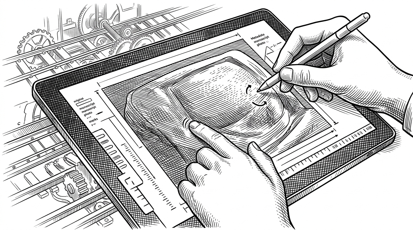 A close-up shows a high-resolution manuscript image on a digital light table while a hand rotates and zooms it. Thin metadata labels and annotation marks sit nearby, while faint mechanical rails in the background suggest the rendering engine working underneath the interface. The image explains why Tropy feels fluid even when handling large archival files.