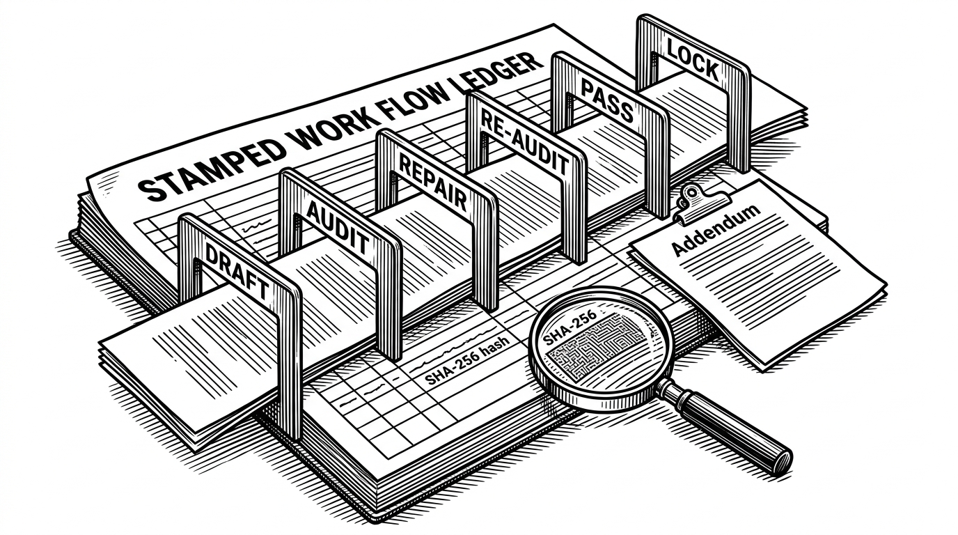 A close-up ledger page moves through stamped gates marked DRAFT, AUDIT, REPAIR, RE-AUDIT, PASS, and LOCK. One corrected page is attached beside the original instead of replacing it, and a magnifying glass reveals a hash seal. It explains how the workflow preserves chain of custody while allowing fixes through addenda.