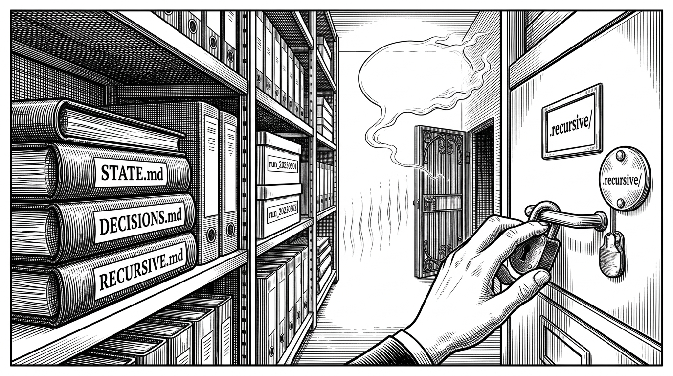 A wide repository vault with Markdown files stacked like records inside a locked cabinet marked .recursive/. A ghostly chat bubble fades outside the door while a hand seals the cabinet shut. It explains the core idea that engineering state belongs in versioned files, not in ephemeral conversation.