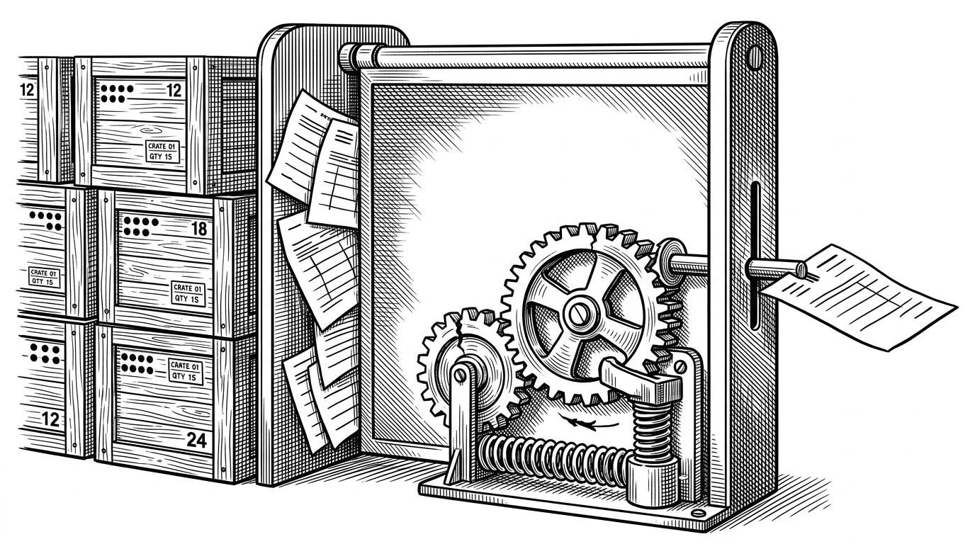 A wide warehouse gate holds back stacks of product crates while order slips try to pass through a narrow mechanical lock. One cracked gear tooth is caught by a spring stopper, showing that the system either moves stock, order creation, and cart clearing together or rolls back the whole passage.