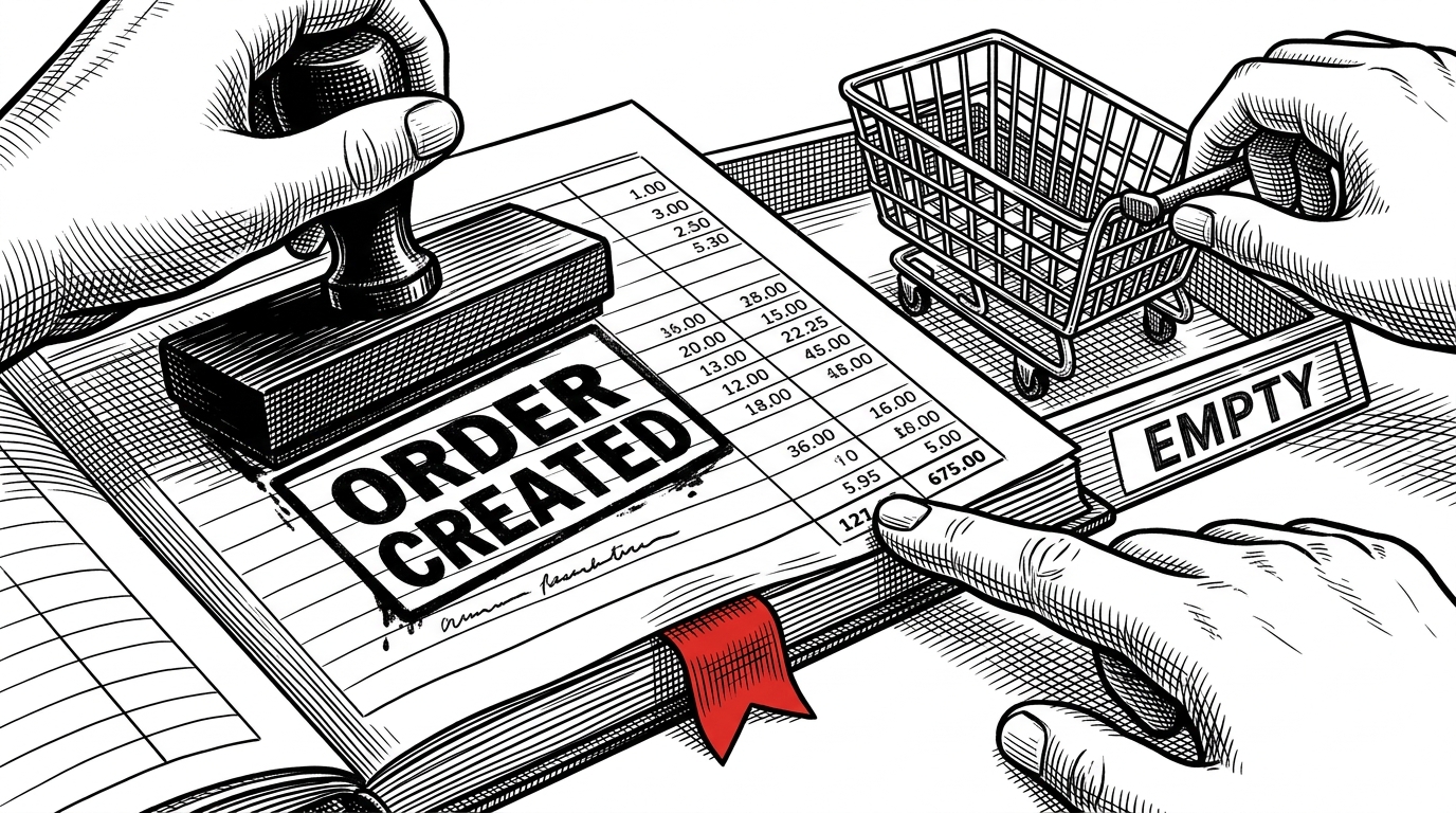 A close-up of a transaction ledger on a workbench shows one hand stamping ORDER CREATED, another pulling a cart basket into an EMPTY tray, and a third hand hovering over a stock line. A red flag tab hangs off the page, indicating that one failed check would reverse every change already made.
