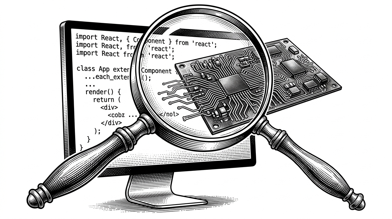A magnifying glass over React code revealing physical copper traces.