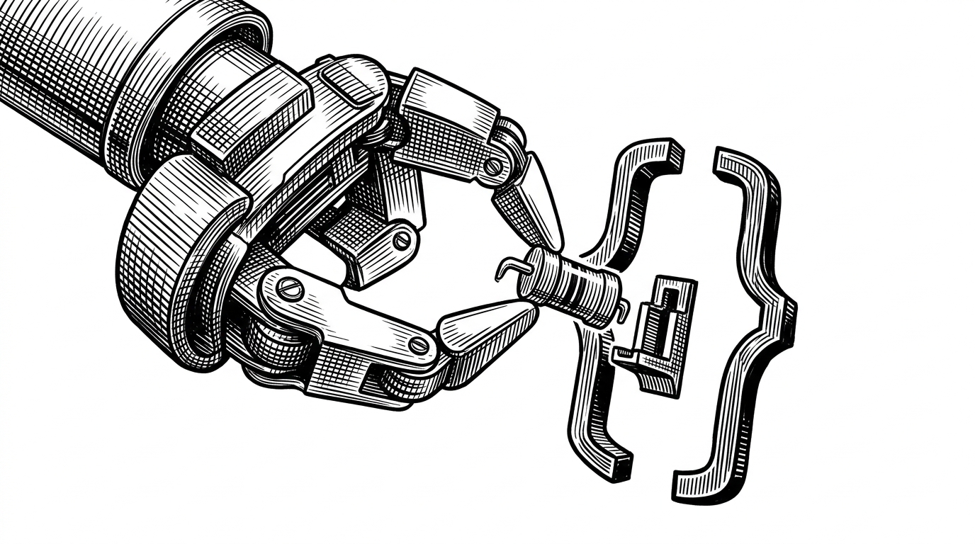 A mechanical arm placing a physical resistor into a digital code bracket.