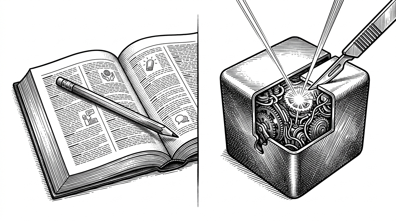 A split composition showing an open dictionary next to a solid metal puzzle box being cut open by a laser scalpel. This illustrates the contrast between simple text modding and complex binary injection.