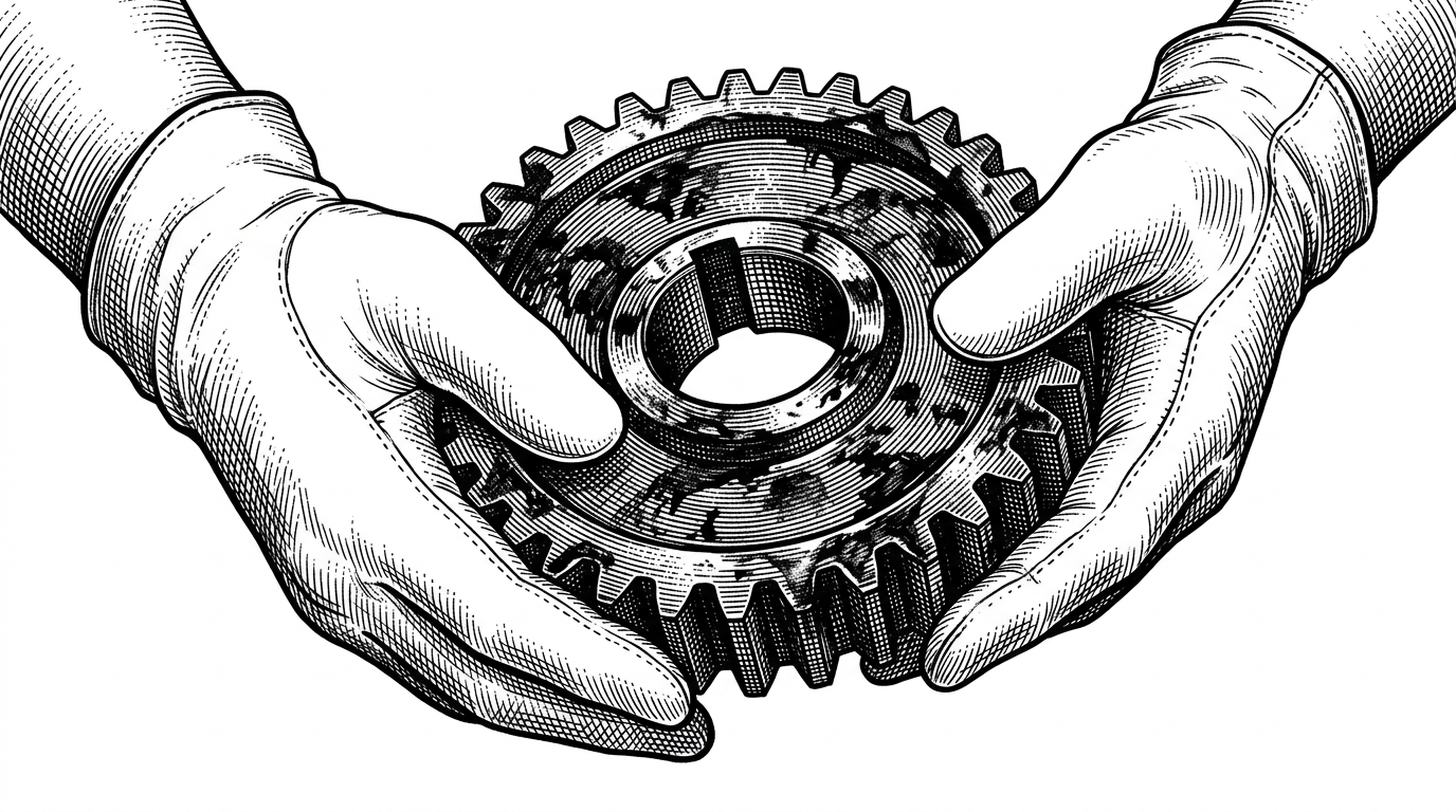 A close-up illustration of pristine white butler gloves holding a heavy industrial gear. This represents the polished installer abstracting away heavy technical machinery.