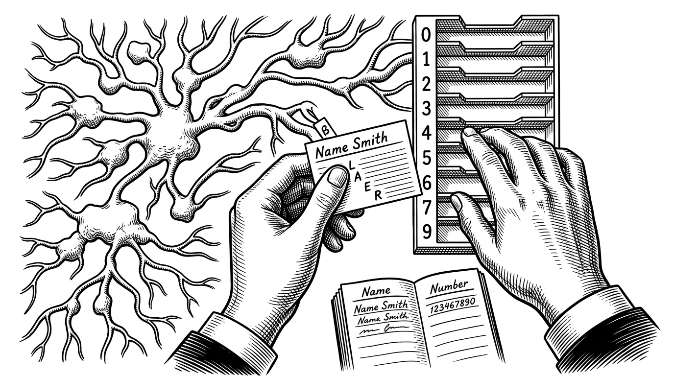 Two hands index the same contact card into parallel storage. One hand feeds letters into a branching name structure, while the other places digits into a numbered rack. The image explains why insertion in TrieContact updates multiple indexes at once.