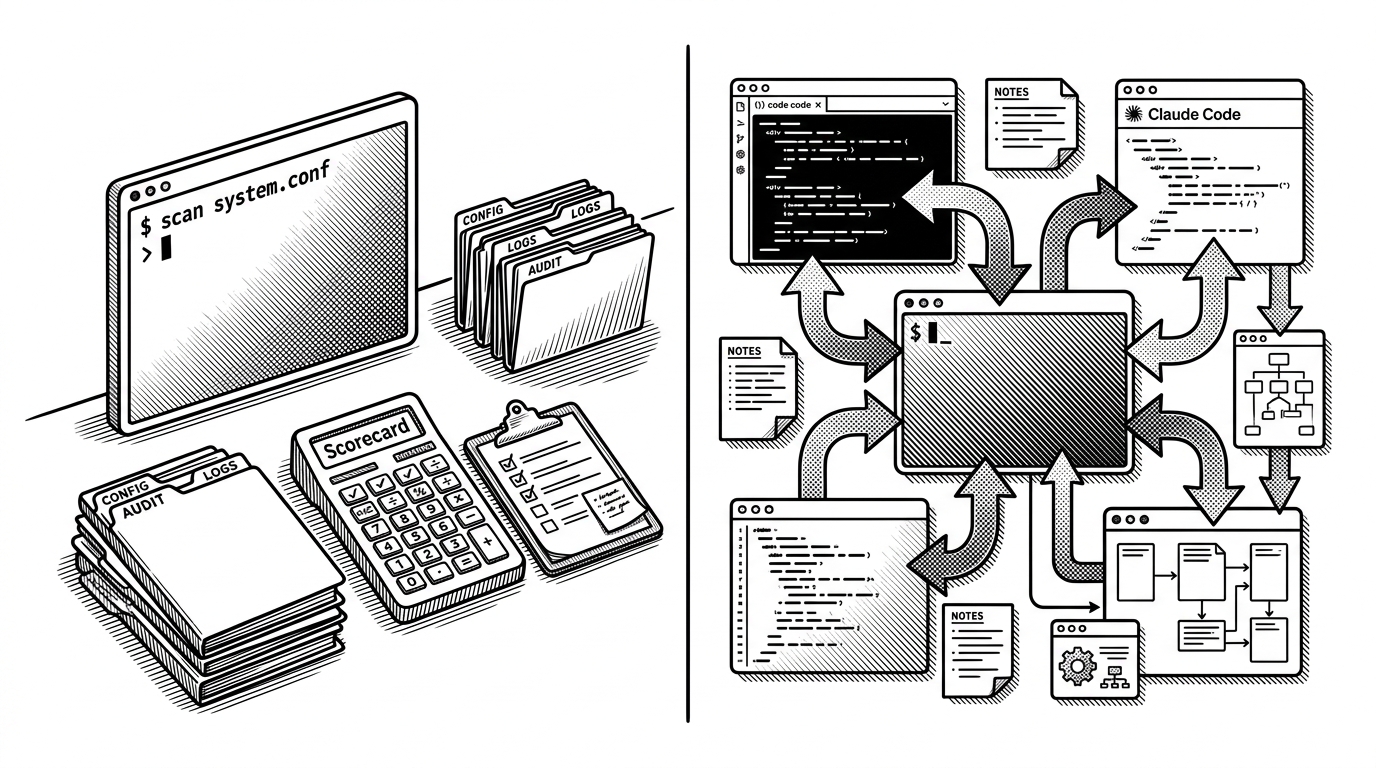 A split scene shows a detached terminal on the left and an integrated Claude Code workspace on the right. It visualizes the difference between an outside scanner that returns a score and an in-workflow skill that inspects the live environment while it works.