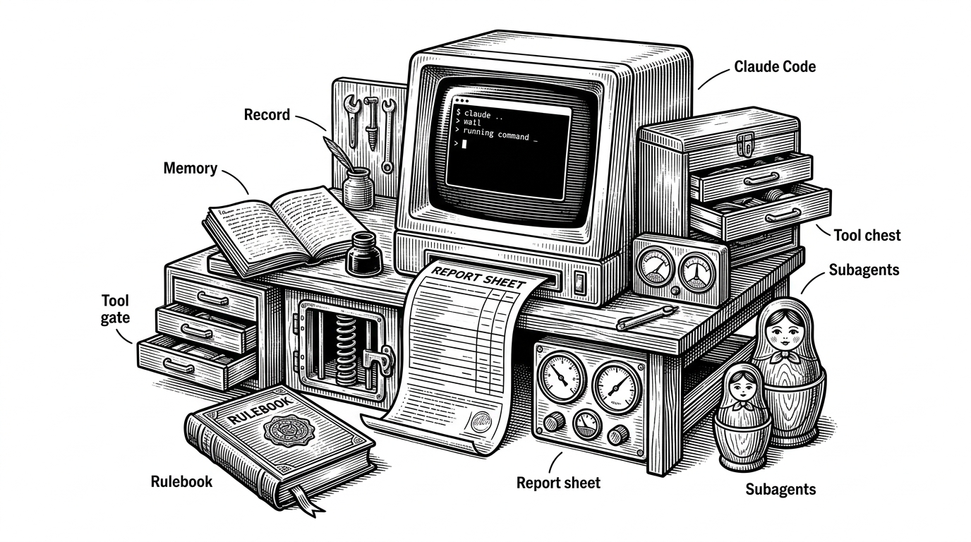 A Claude Code terminal sits like a diagnostic machine on a workbench, with drawers, tools, and paper files arranged around it. A report page slides out of the terminal while the surrounding workspace suggests that the system is inspecting its own operating setup.