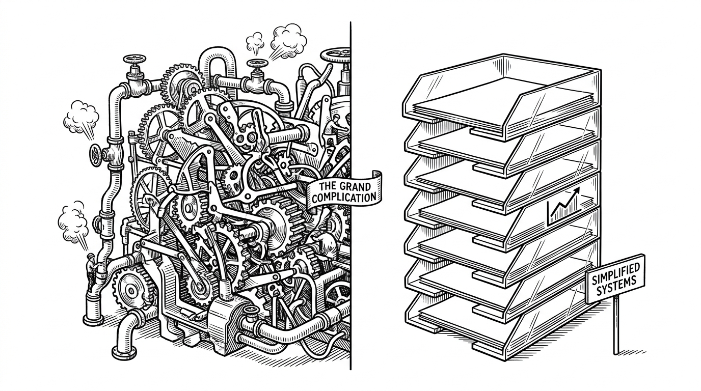 The composition is split into two halves. The left side depicts a massive, tangled Rube Goldberg machine of gears, pipes, and steam valves. The right side depicts a neat, perfectly aligned stack of transparent acrylic document trays. A clear visual contrast representing heavy frameworks versus flat-file architecture.