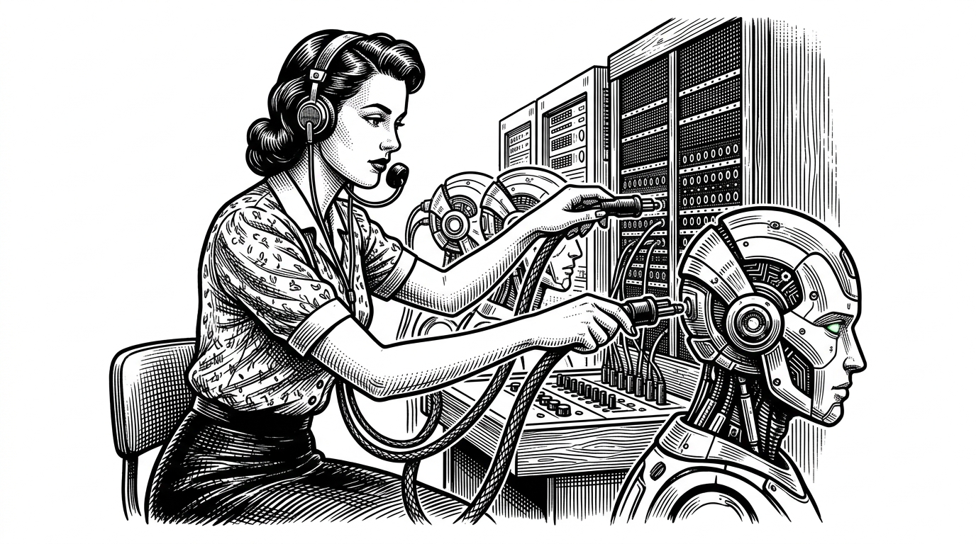 An old-school 1940s physical switchboard operator actively plugging thick braided cables into the backs of sleek, modern robotic heads. This illustrates OpenFleet's approach to using classic, manual routing to manage cutting-edge AI agents.