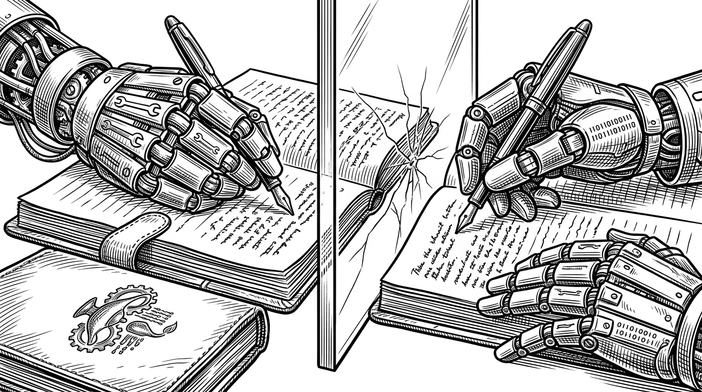 Two mechanical hands writing furiously in separate, identical leather-bound ledgers. The ledgers are separated by a thick pane of bulletproof glass. This illustrates the git worktree isolation preventing agents from stomping on each other's state.