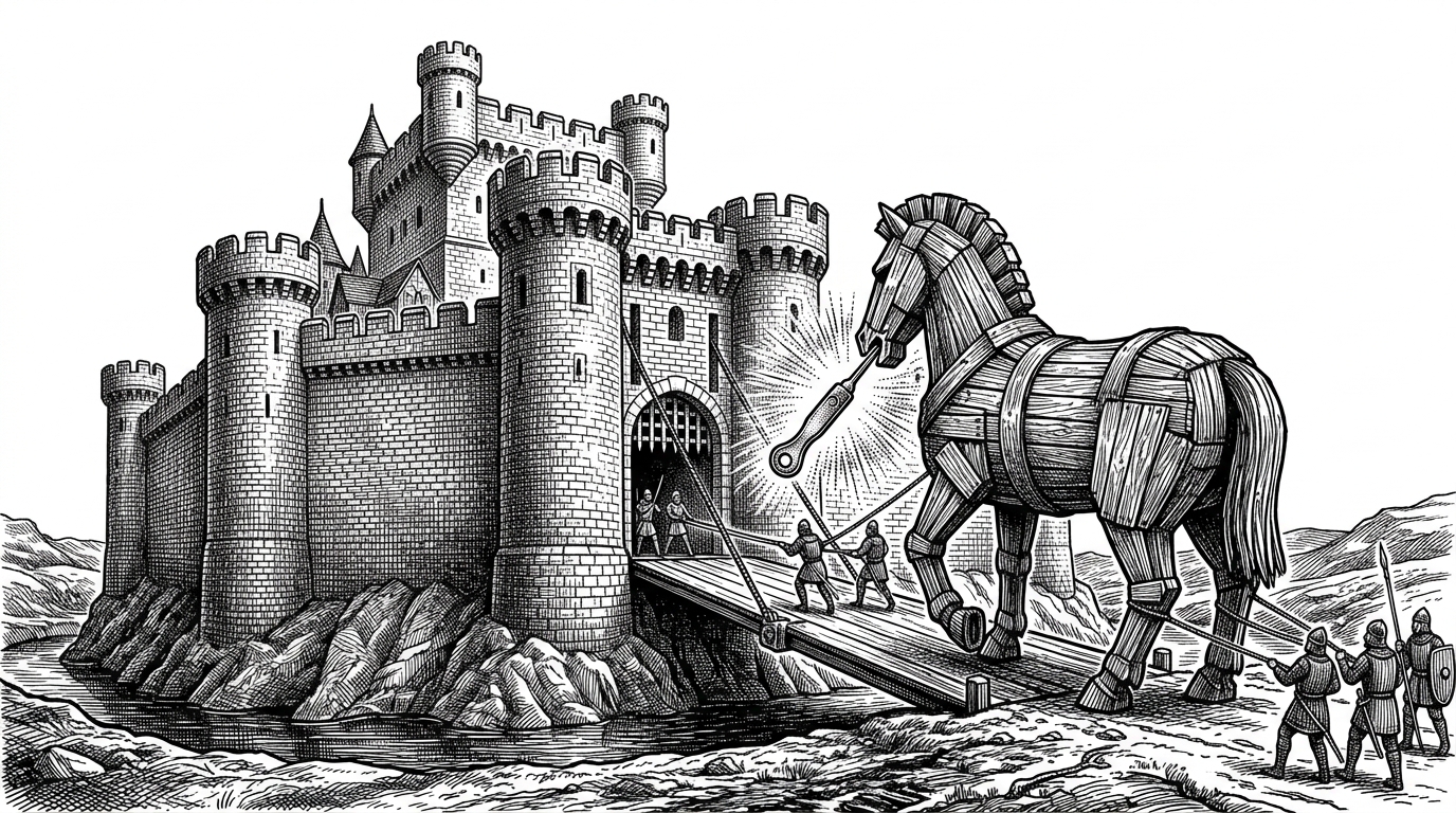 A medieval castle lowering its drawbridge to admit a wooden Trojan horse holding a glowing lockpick. This represents the vulnerability of untrusted code entering a trusted build environment.