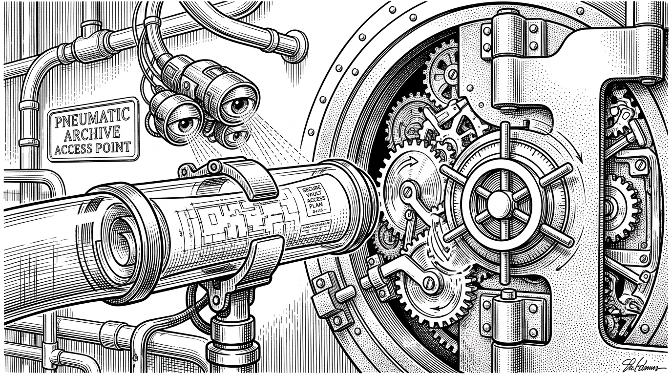 A close-up of a secure pneumatic tube system connecting to a heavy steel vault door. A sealed glass cylinder containing a rolled-up blueprint arrives at the vault. Mechanical eyes scan the cylinder before the gears turn.