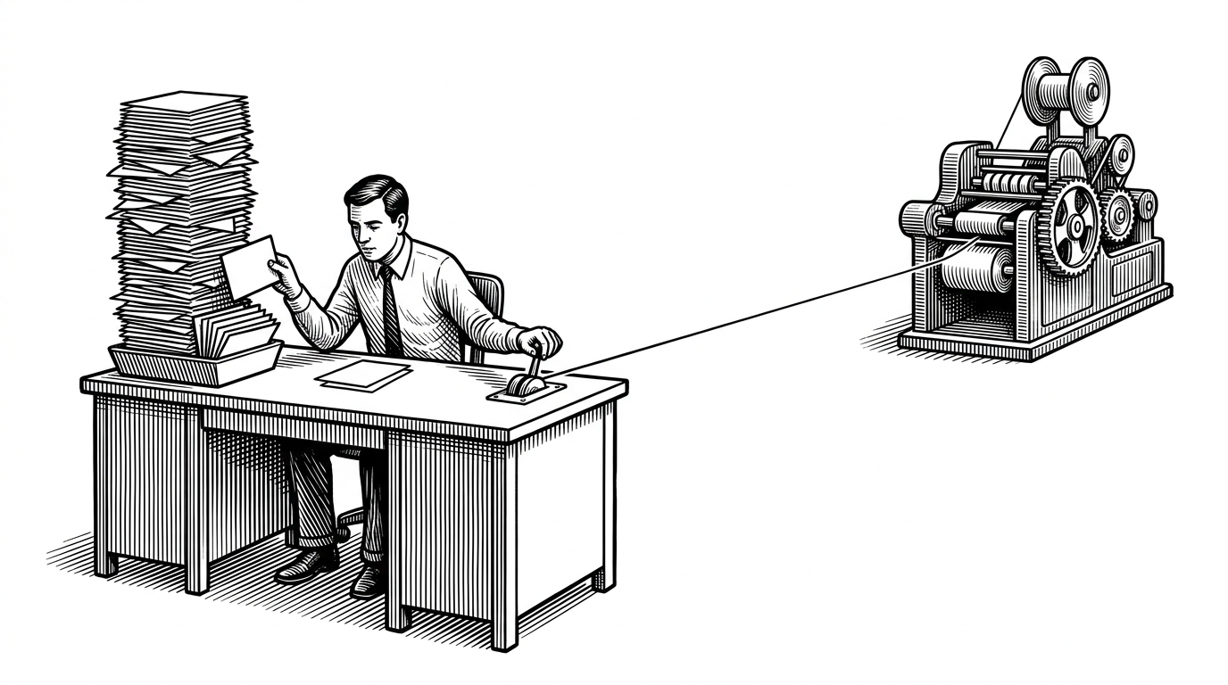A lone control desk sits between a cluttered pile of issue cards and a distant machine that keeps running smoothly. The scene explains how the repo acts like a relay station, turning messy human requests into a narrow, deliberate handoff.