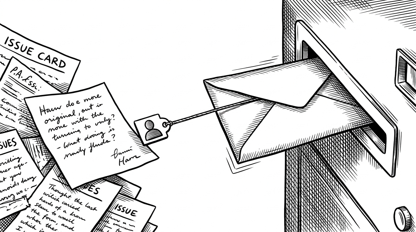 A close-up of a sealed envelope being pushed through a narrow slot into a machine while loose notes pile up beside it. The image explains how the workflow packages an issue into a clean JSON payload before handing it off to the main repo.