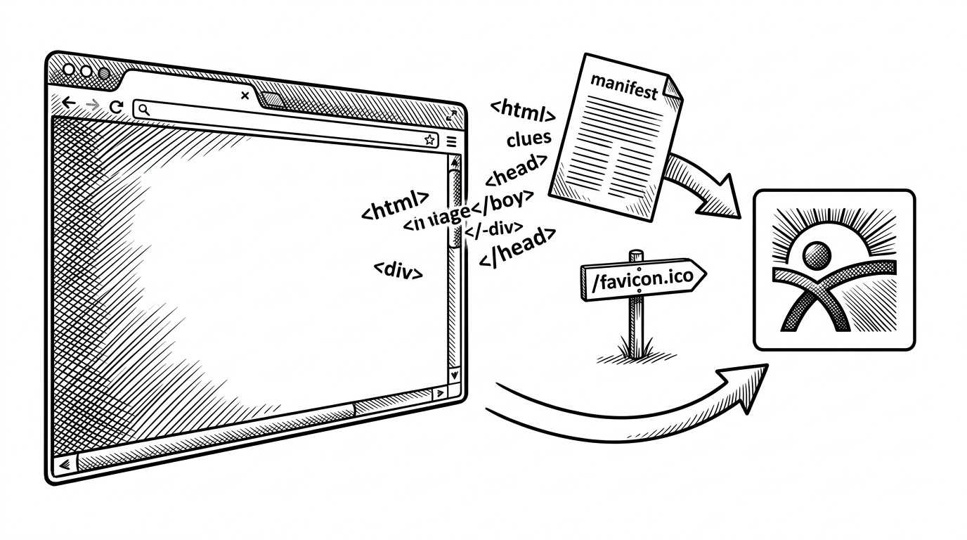 A browser page, HTML fragments, a manifest sheet, and a /favicon.ico sign all point toward one square logo. The scene explains that favicon retrieval is a discovery problem, not a simple file lookup, because the web scatters brand marks across multiple clues.