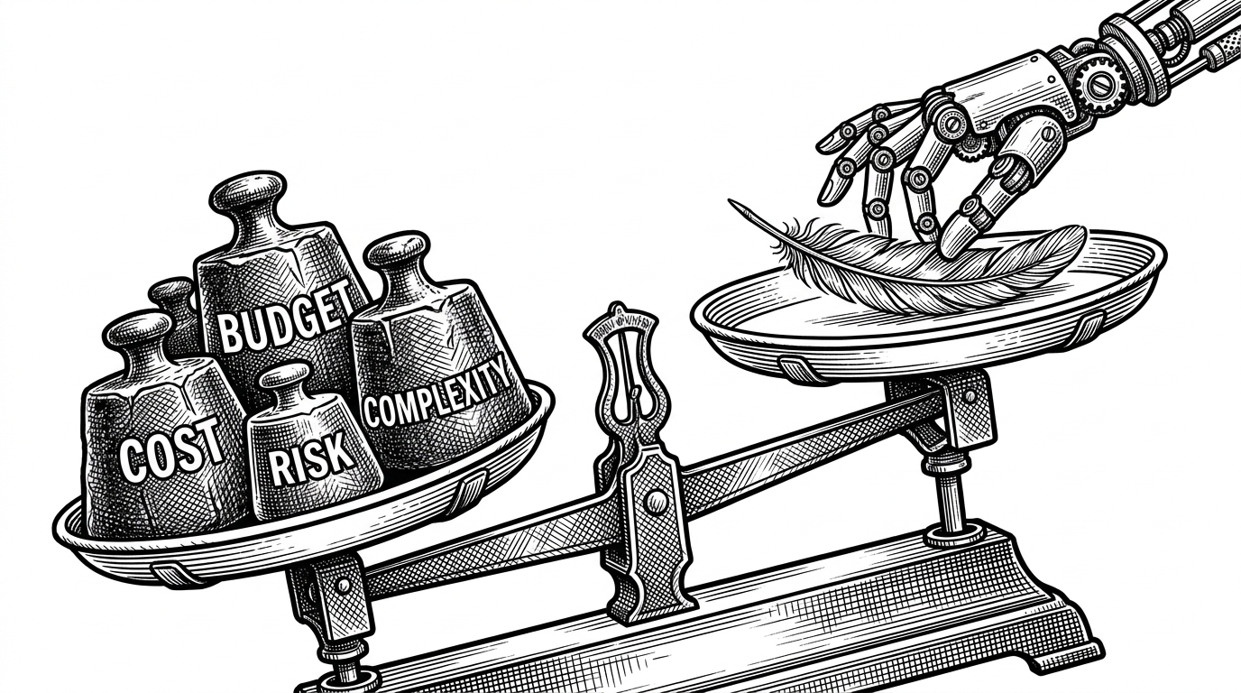 A balance scale tipping drastically to one side under heavy iron weights, while a mechanical hand places a single feather on the elevated, lighter side.