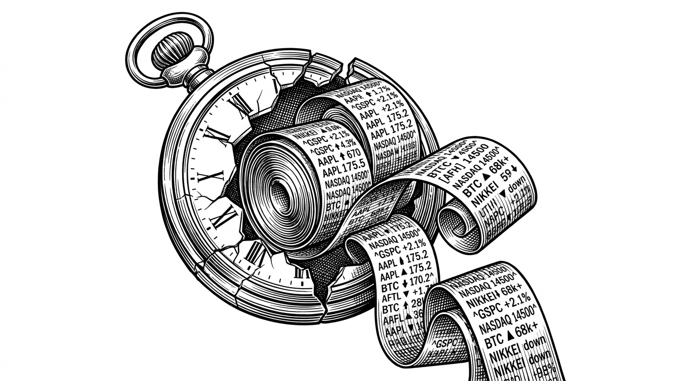 A shattered pocket watch revealing overlapping ticker tapes instead of gears, representing the collision of multiple asynchronous data streams in high-frequency trading.