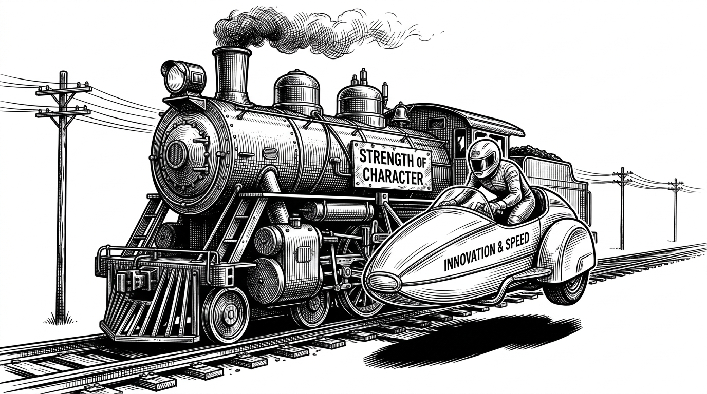 A heavy steam locomotive moving on tracks with a sleek, modern motorcycle sidecar bolted to its side, symbolizing the Python and Node.js architectural hack.