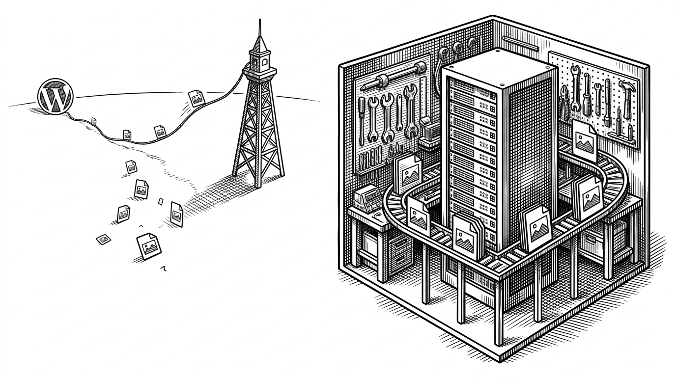 A split composition contrasts a remote service on one side with a local server on the other. The remote side is depicted as a distant tower receiving image files through a thin tether, while the local side shows the files staying inside a controlled workshop with tools close at hand. The image explains the tradeoff between convenience and operational control.