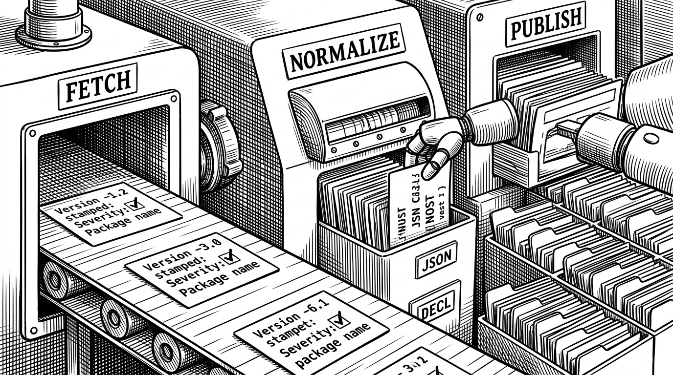 A close-up mechanical print shop where advisory cards move through fetch, normalize, and publish stations. Fresh JSON cards are stamped with version ranges and severity marks, then filed into a grid of folders. The image explains how the project keeps its advisory data current without a traditional database.