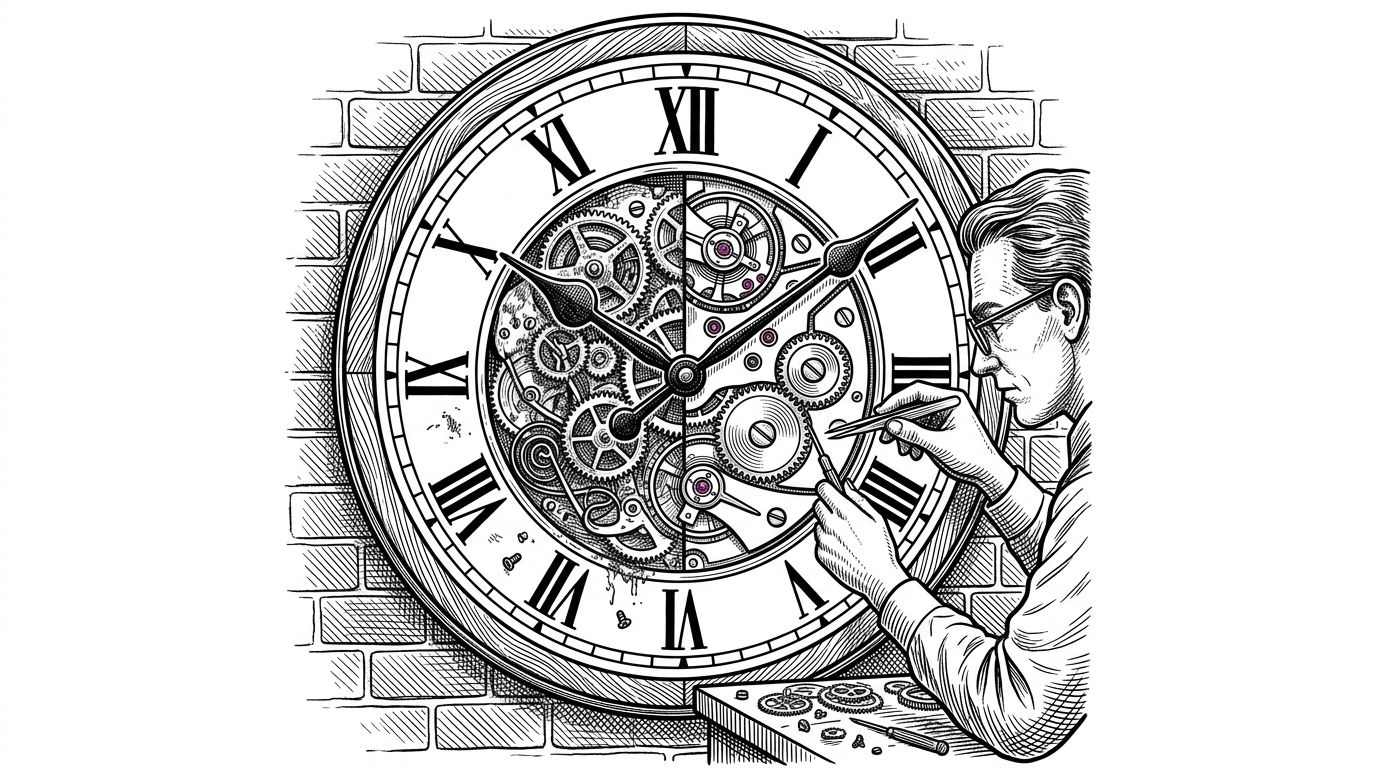 A watchmaker is swapping the movement inside a large clock while the hands keep moving at the same pace. One half of the clock exposes an older, rough mechanism, while the other half reveals a tighter steel assembly being fitted into place. The scene explains that the project is about preserving behavior while replacing the runtime underneath it.