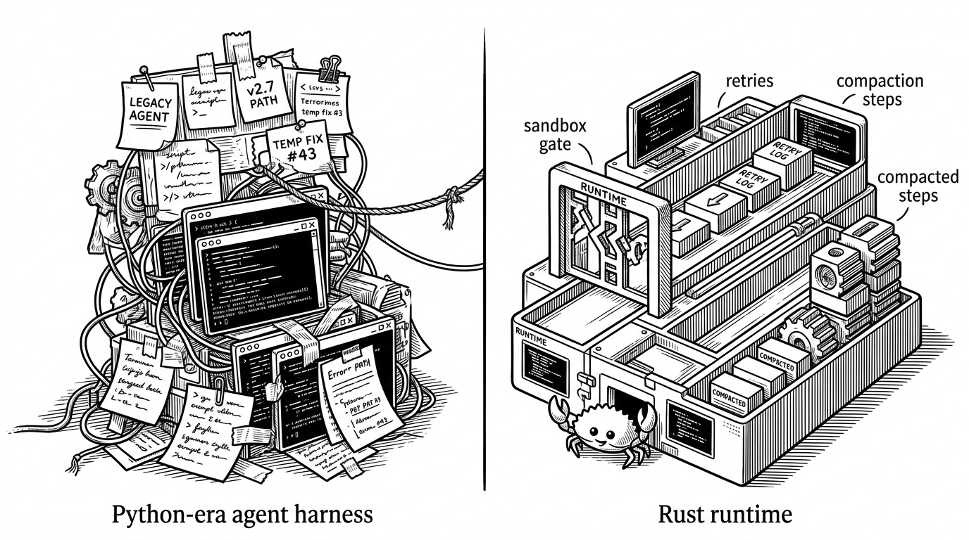 The image is split into two halves. The left side shows a brittle Python-era agent harness built from pinned notes, tangled wires, and terminal windows taped together in a hurry. The right side shows a compact Rust runtime with clean compartments, straight lanes, and a visible safety gate. The contrast explains the difference between quick experimentation and disciplined parity work.