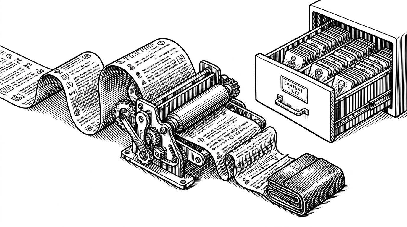A long scroll of conversation is being folded into a smaller packet and slid into a labeled drawer. Nearby, reusable cache pieces are sorted into slots, showing how the agent keeps long sessions from becoming unmanageable.