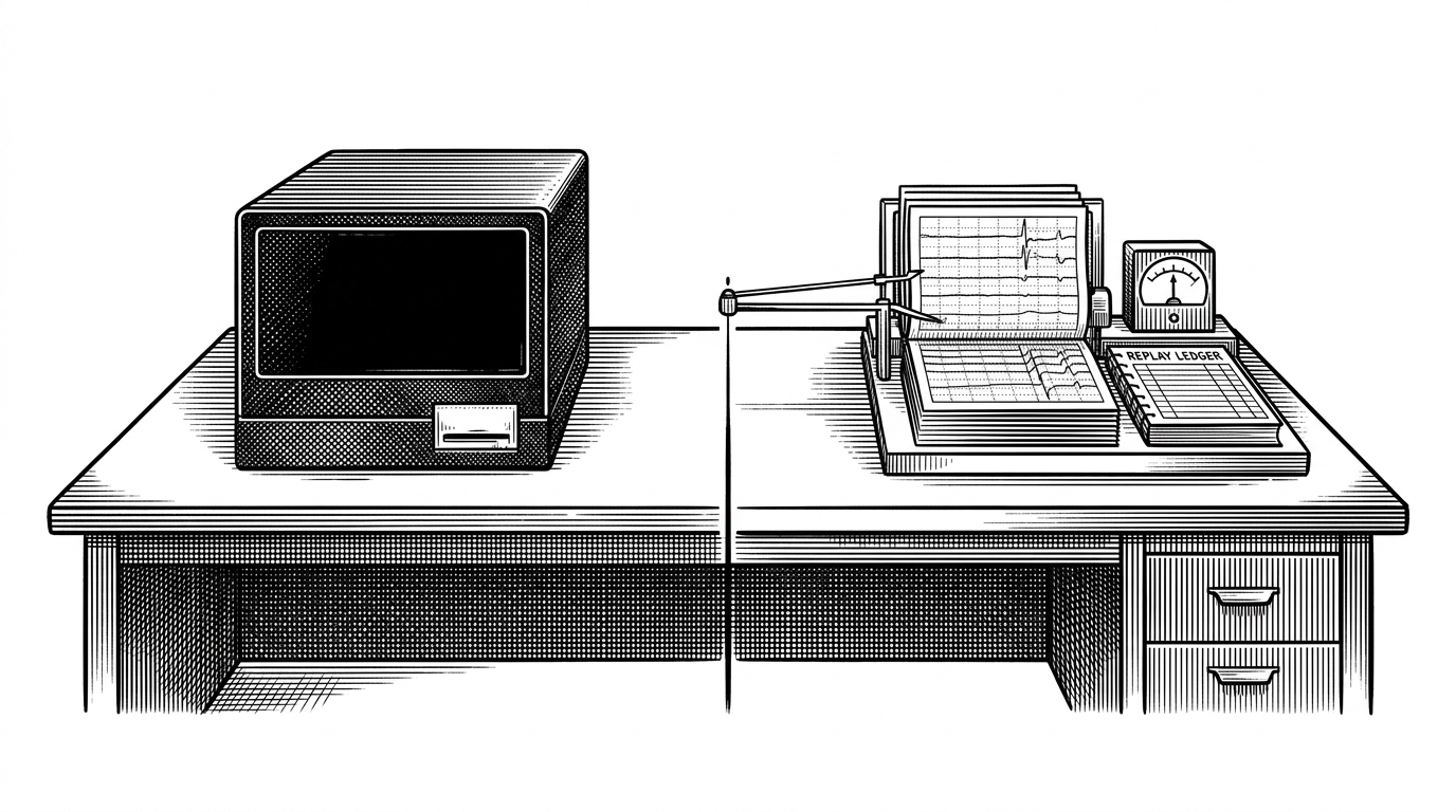 A wide editorial scene shows a sealed black box machine on one side of a desk and a clean test bench on the other. The contrast explains the article's main idea: Claw Code is not just an agent, it is a harness built to measure and replay agent behavior.