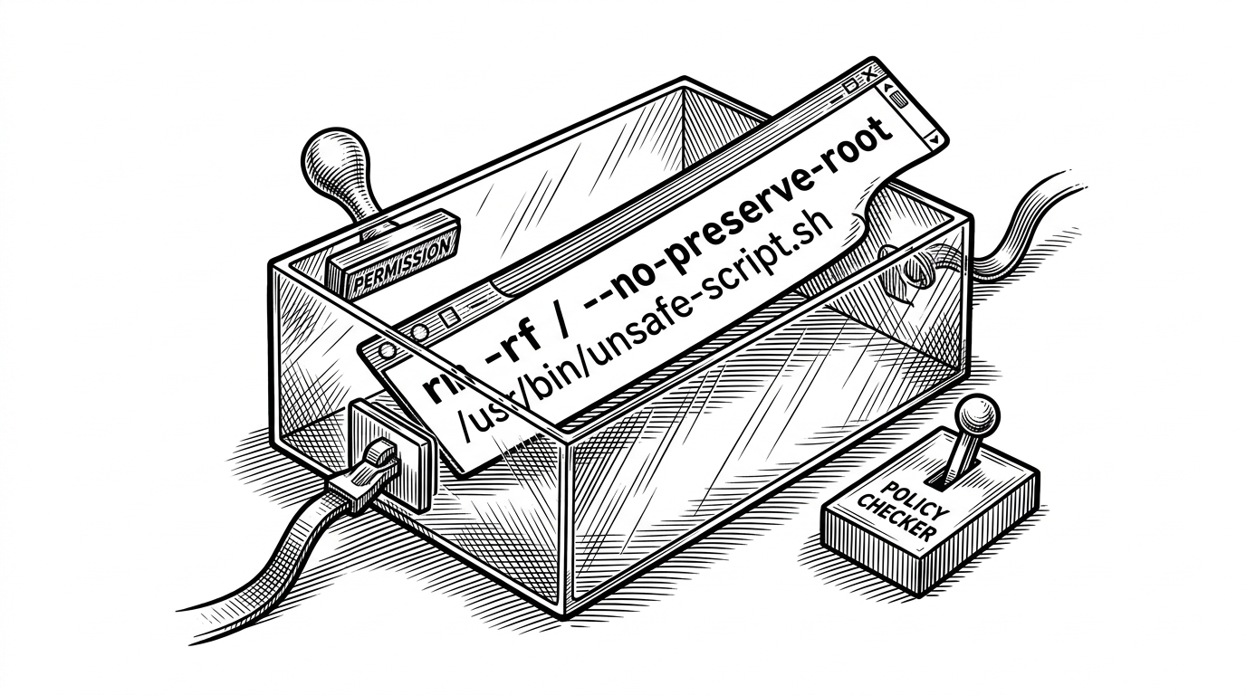A close-up view shows a single shell command entering a transparent containment box. Around it are permission stamps, a cut network tether, and a policy gate that decides what passes through. The image explains how the repo treats execution as a controlled boundary rather than an open-ended prompt response.
