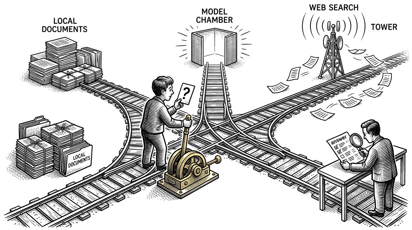 A wide editorial scene of a routing switchyard with one central lever splitting a question into three paths. One path leads to stacked local documents, one to a model chamber, and one to a web search tower. A second inspector figure stands at the end with a magnifying glass, showing that answers are checked before they ship. This image explains that the system treats retrieval as a routing decision, not a default step.