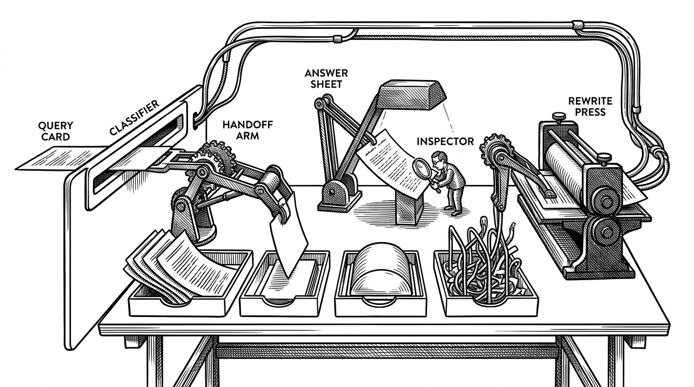 A close-up mechanical loop on a drafting table. A query card enters a classifier slot, then a handoff arm drops it into one of three trays. The answer is placed under a red inspection lamp, and when it fails the check, a second arm rewrites the card and sends it back through the loop. This image explains the system's grade-and-rewrite behavior.