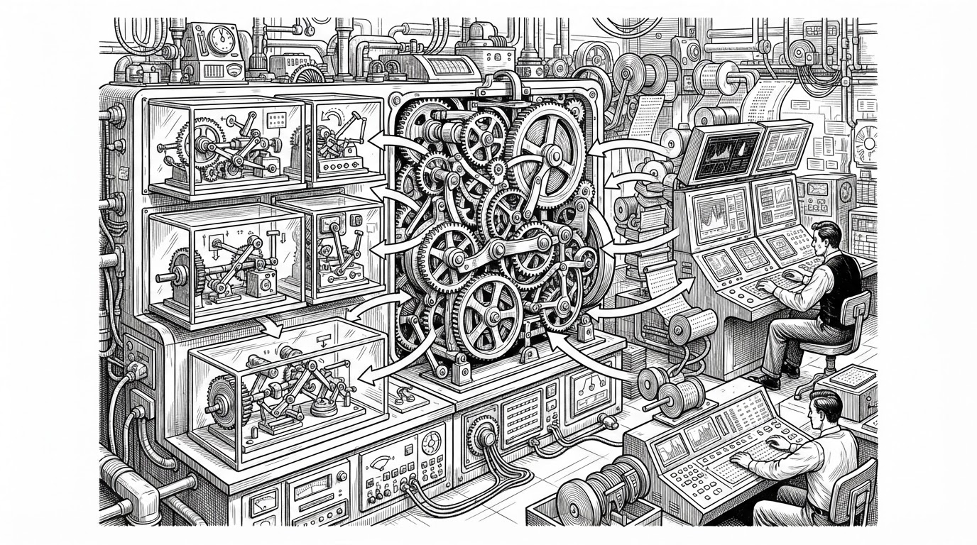 A wide black-ink editorial scene showing a central mechanical scheduler feeding separate tool jobs in transparent boxes while a control room keeps receiving new inputs. The image explains Unreal Agent’s core idea: the agent can keep moving while long-running work stays in flight.