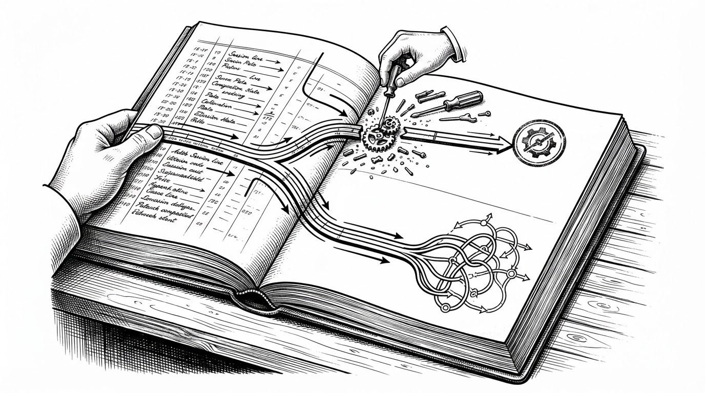 A close-up black-ink illustration of an append-only ledger on a desk, where one session line splits into two paths like a forked river. The image explains replay, resume, and fork as visible branches in a persisted history.
