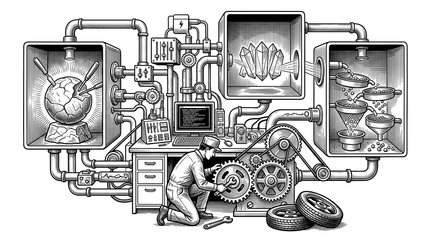 A wide black-ink editorial scene shows a crowded local workstation with a central control desk routing model jobs into separate sealed chambers for training, inference, and data validation. A maintenance hatch underneath reveals a mechanic replacing a broken dependency wheel before the next job enters, explaining how the system survives messy local environments by isolating and repairing work.